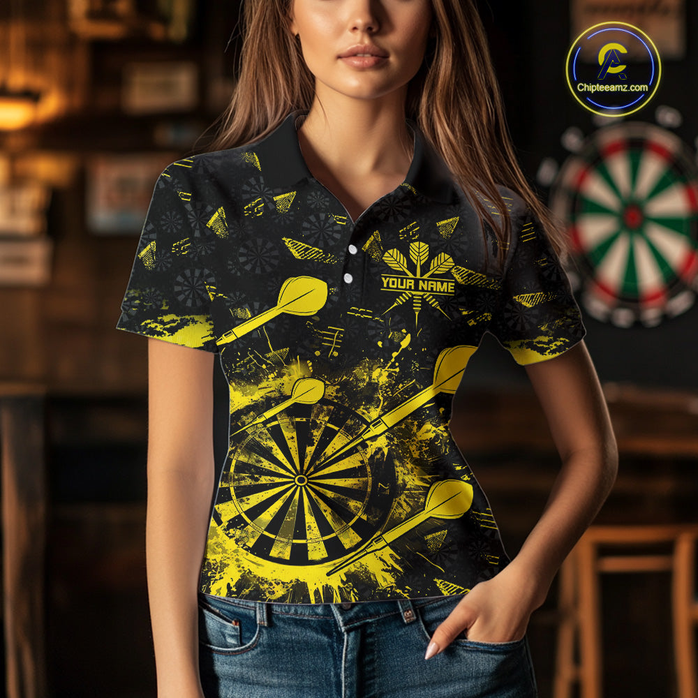 Black And Yellow Grunge Darts Polo, Quarter Zip For Women Custom Dart Shirts For Team Dart Jerseys TDM4697