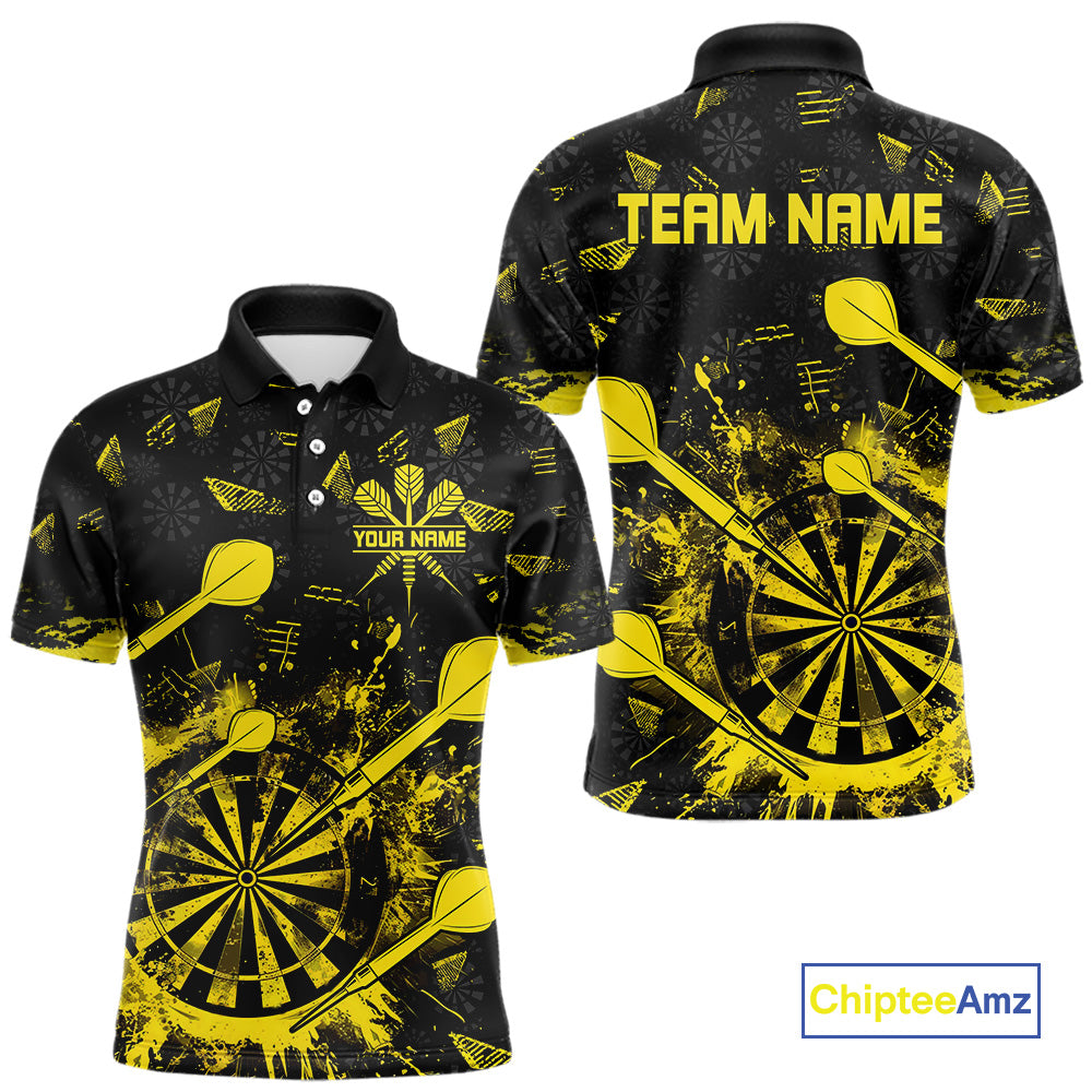Black And Yellow Grunge Darts Polo, Quarter Zip For Men Custom Dart Shirts For Team Dart Jerseys TDM4697
