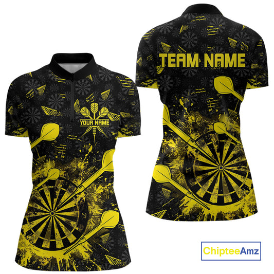 Black And Yellow Grunge Darts Polo, Quarter Zip For Women Custom Dart Shirts For Team Dart Jerseys TDM4697