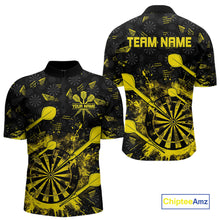 Load image into Gallery viewer, Black And Yellow Grunge Darts Polo, Quarter Zip For Men Custom Dart Shirts For Team Dart Jerseys TDM4697