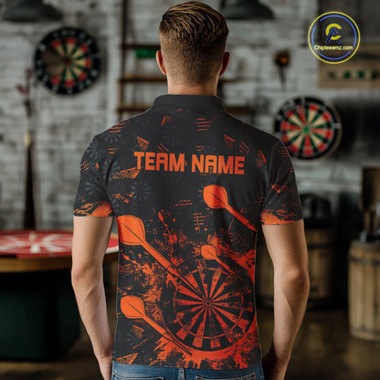 Black And Orange Grunge Darts Polo, Quarter Zip For Men Custom Dart Shirts For Team Dart Jerseys TDM4698