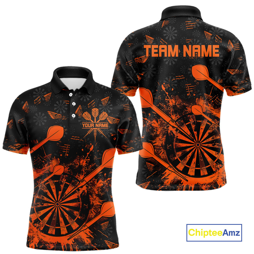 Black And Orange Grunge Darts Polo, Quarter Zip For Men Custom Dart Shirts For Team Dart Jerseys TDM4698
