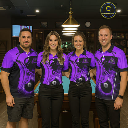 Personalized Purple 8 Ball Fire Flame Billiard Shirt For Men, Pool Team Jersey Polo & 1/4 Zip TDM5975