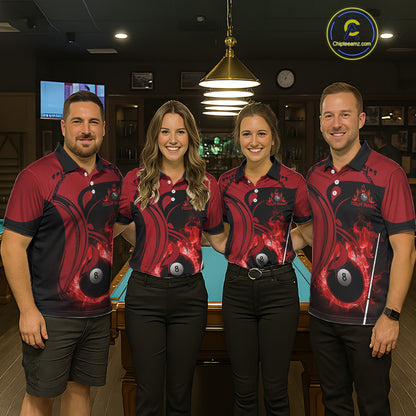 Personalized Red 8 Ball Fire Flame Billiard Shirt For Women, Pool Team Jersey Polo & 1/4 Zip TDM5976