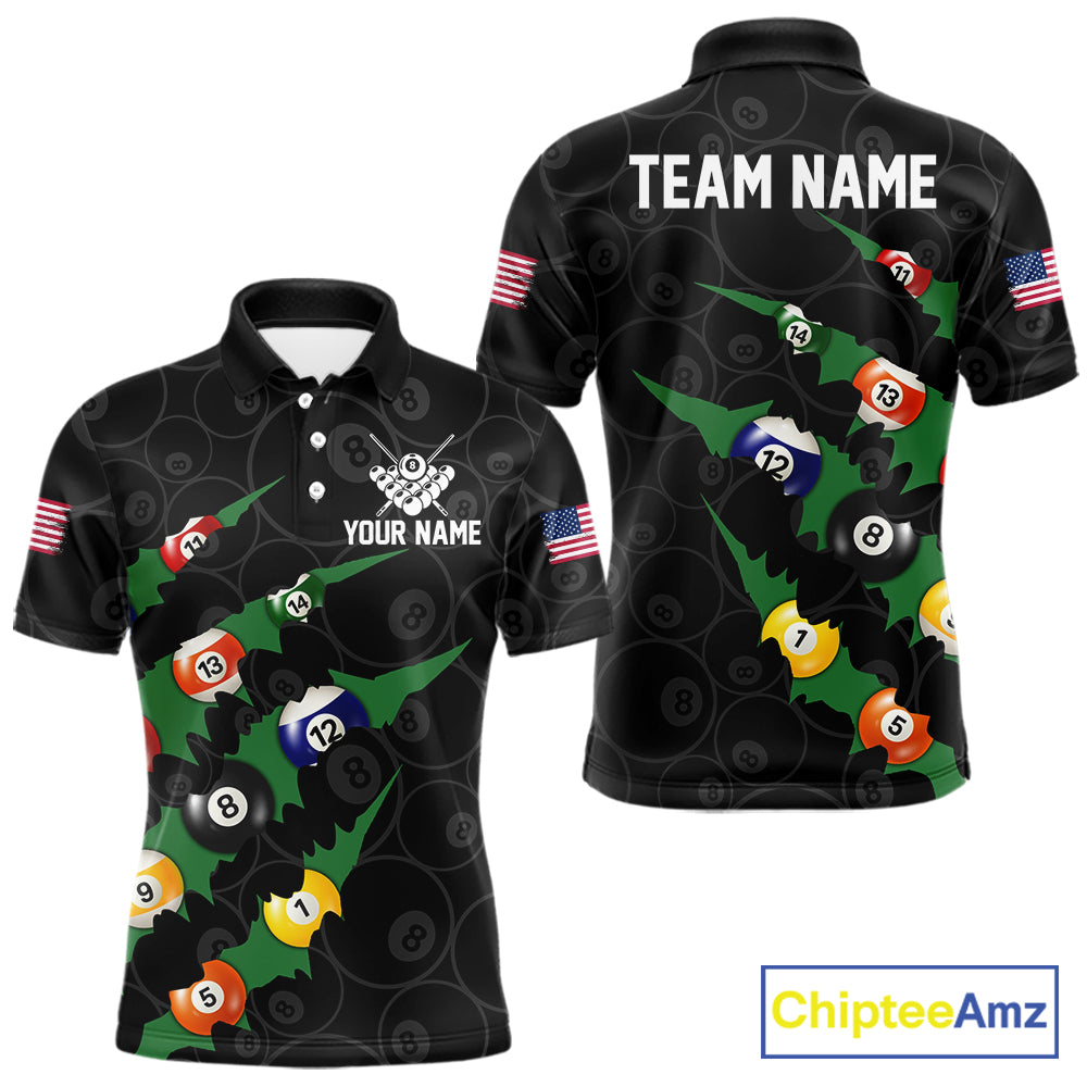 Custom Green 8 Ball Pool Scratch Billiard Shirt For Men, Black Billiard Team Jersey Polo & 1/4 Zip TDM6435