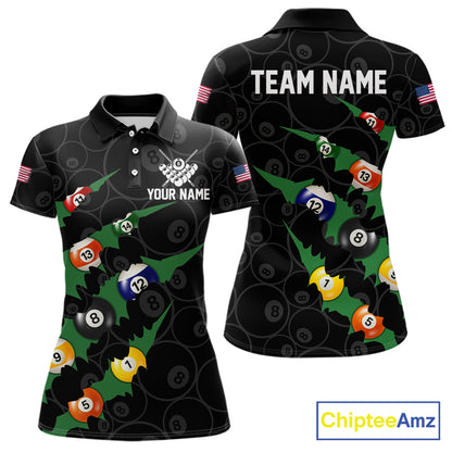 Custom Green 8 Ball Pool Scratch Billiard Shirt For Women, Black Billiard Team Jersey Polo & 1/4 Zip TDM6435