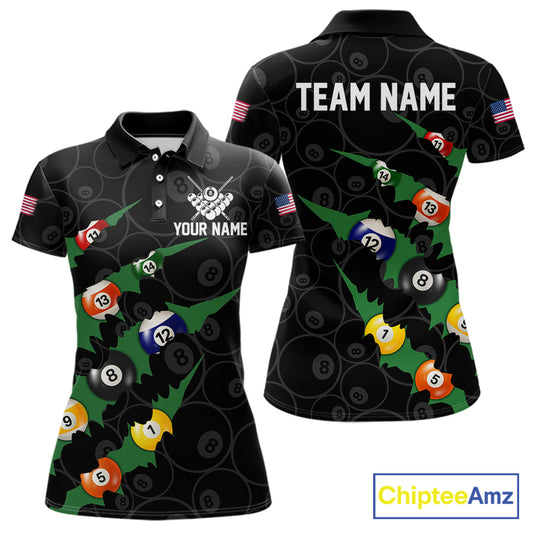 Custom Green 8 Ball Pool Scratch Billiard Shirt For Women, Black Billiard Team Jersey Polo & 1/4 Zip TDM6435