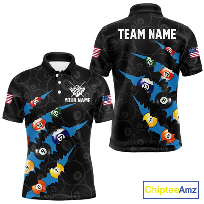 Custom Blue 8 Ball Pool Scratch Billiard Shirt For Men, Black Billiard Team Jersey Polo & 1/4 Zip TDM6436