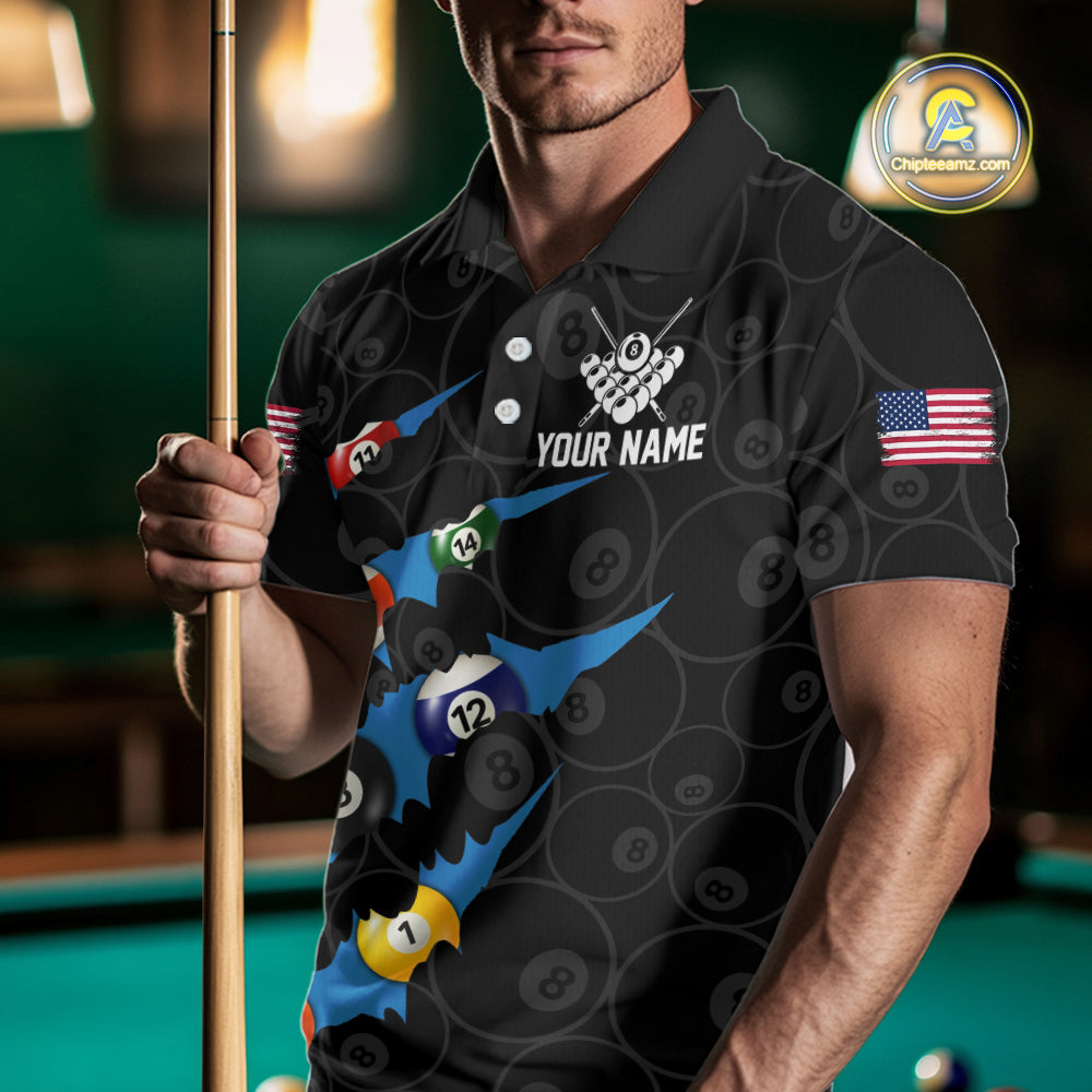 Custom Blue 8 Ball Pool Scratch Billiard Shirt For Men, Black Billiard Team Jersey Polo & 1/4 Zip TDM6436