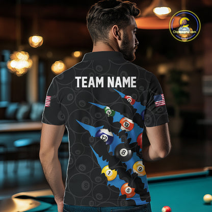 Custom Blue 8 Ball Pool Scratch Billiard Shirt For Men, Black Billiard Team Jersey Polo & 1/4 Zip TDM6436