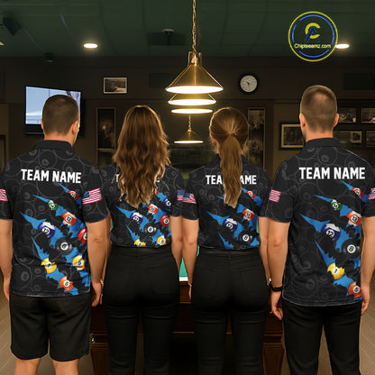 Custom Blue 8 Ball Pool Scratch Billiard Shirt For Men, Black Billiard Team Jersey Polo & 1/4 Zip TDM6436