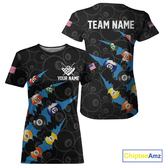 Custom Blue 8 Ball Pool Scratch Billiard T-Shirt For Women Black Billiard League Team Jersey TDM6436