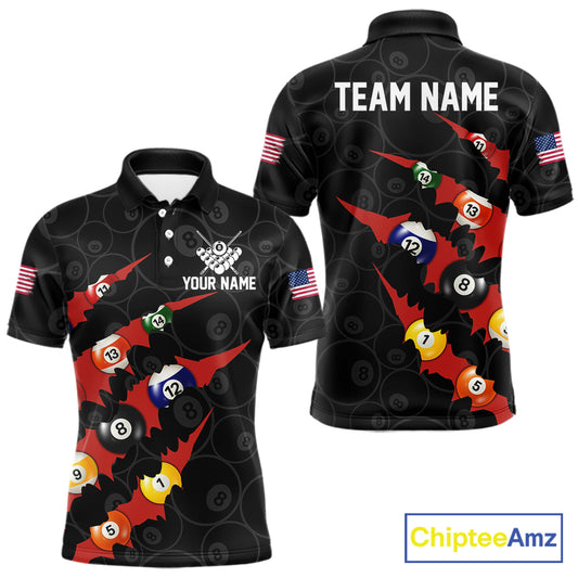 Custom Red 8 Ball Pool Scratch Billiard Shirt For Men, Black Billiard Team Jersey Polo & 1/4 Zip TDM6437