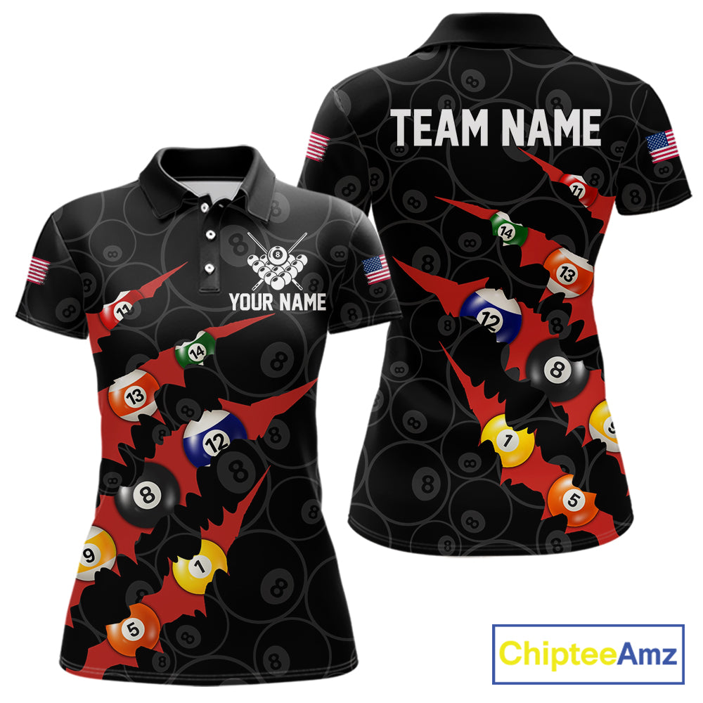Custom Red 8 Ball Pool Scratch Billiard Shirt For Women, Black Billiard Team Jersey Polo & 1/4 Zip TDM6437