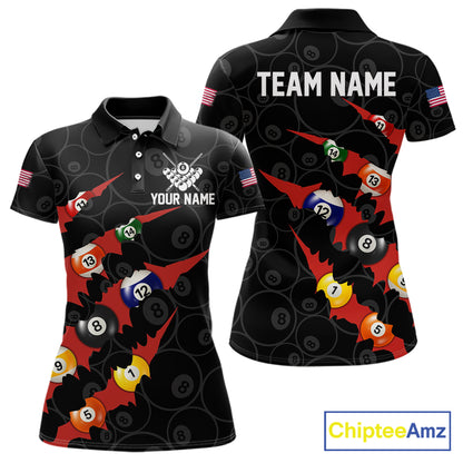 Custom Red 8 Ball Pool Scratch Billiard Shirt For Women, Black Billiard Team Jersey Polo & 1/4 Zip TDM6437