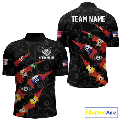 Custom Red 8 Ball Pool Scratch Billiard Shirt For Men, Black Billiard Team Jersey Polo & 1/4 Zip TDM6437