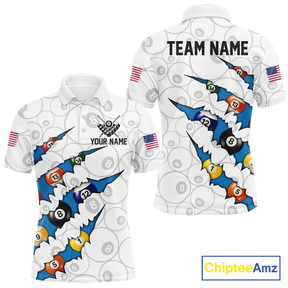 Custom Blue 8 Ball Pool Scratch Billiard Shirt For Men, White Billiard Team Jersey Polo & 1/4 Zip TDM6439