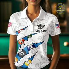 Load image into Gallery viewer, Custom Blue 8 Ball Pool Scratch Billiard Shirt For Women, White Billiard Team Jersey Polo &amp; 1/4 Zip TDM6439
