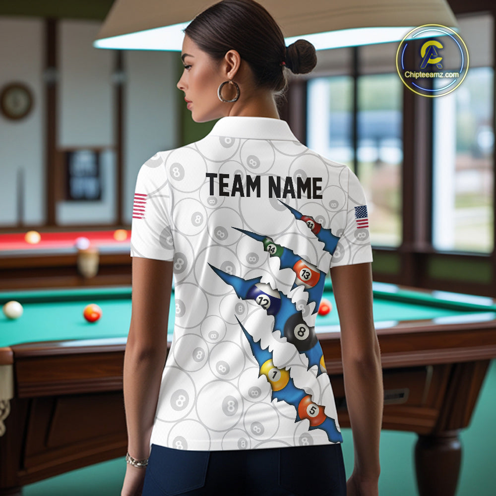 Custom Blue 8 Ball Pool Scratch Billiard Shirt For Women, White Billiard Team Jersey Polo & 1/4 Zip TDM6439