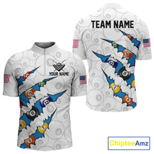 Load image into Gallery viewer, Custom Blue 8 Ball Pool Scratch Billiard Shirt For Men, White Billiard Team Jersey Polo &amp; 1/4 Zip TDM6439