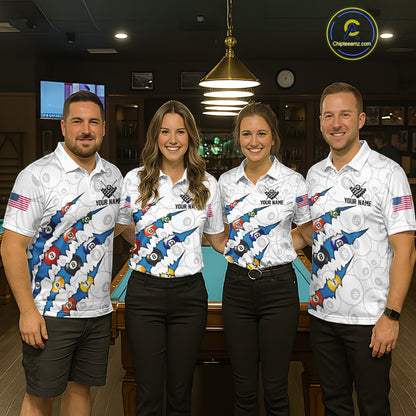 Custom Blue 8 Ball Pool Scratch Billiard Shirt For Men, White Billiard Team Jersey Polo & 1/4 Zip TDM6439