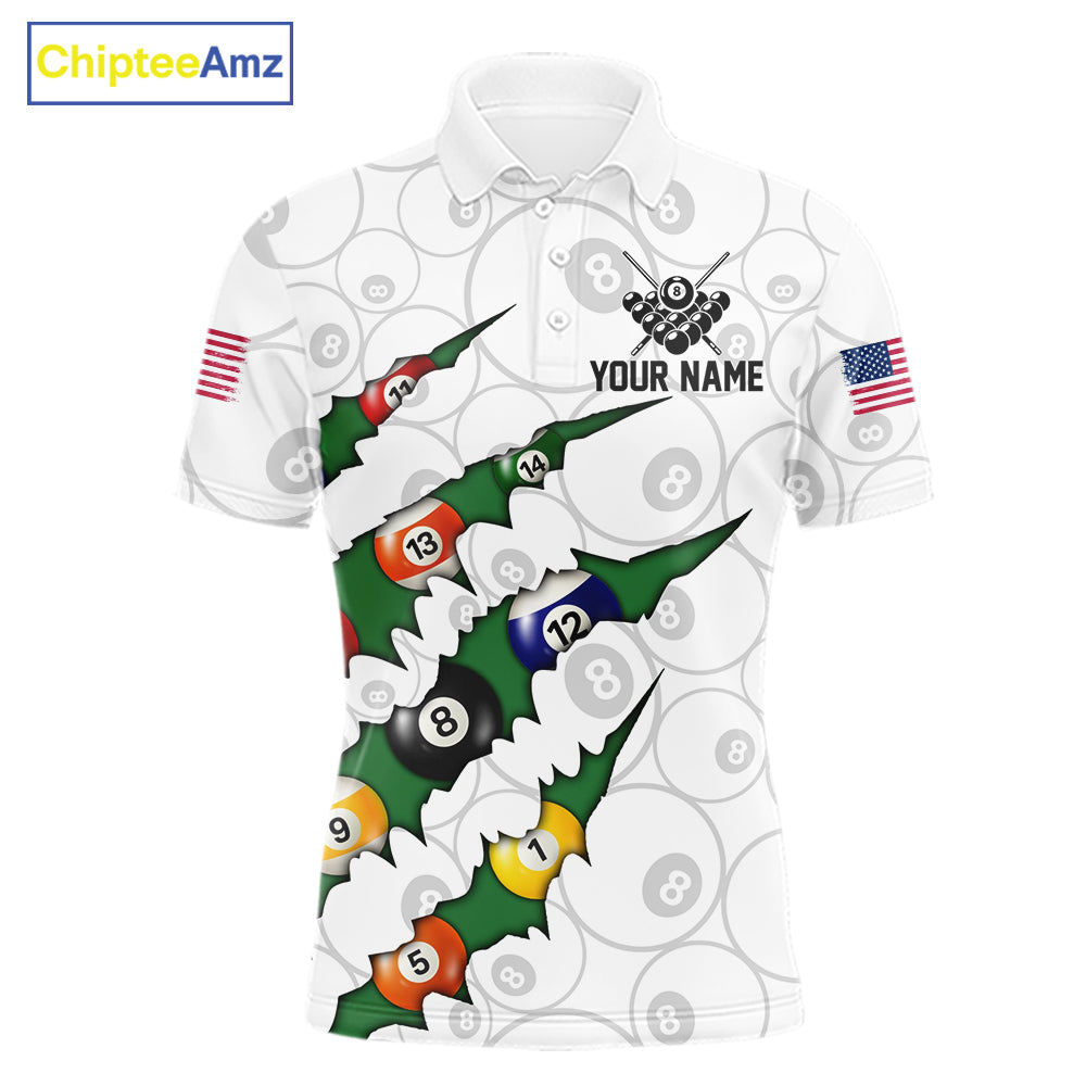 Custom Green 8 Ball Pool Scratch Billiard Shirt For Men, White Billiard Team Jersey Polo & 1/4 Zip TDM6440