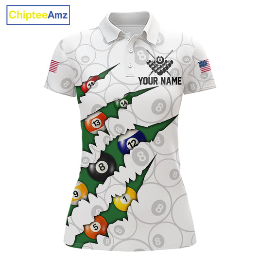 Custom Green 8 Ball Pool Scratch Billiard Shirt For Women, White Billiard Team Jersey Polo & 1/4 Zip TDM6440