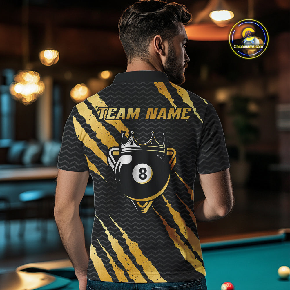 Black And Gold Scratch Billiard Shirts For Men Custom 8 Ball Crown Pool Team Jersey Polo & 1/4 Zip TDM4095