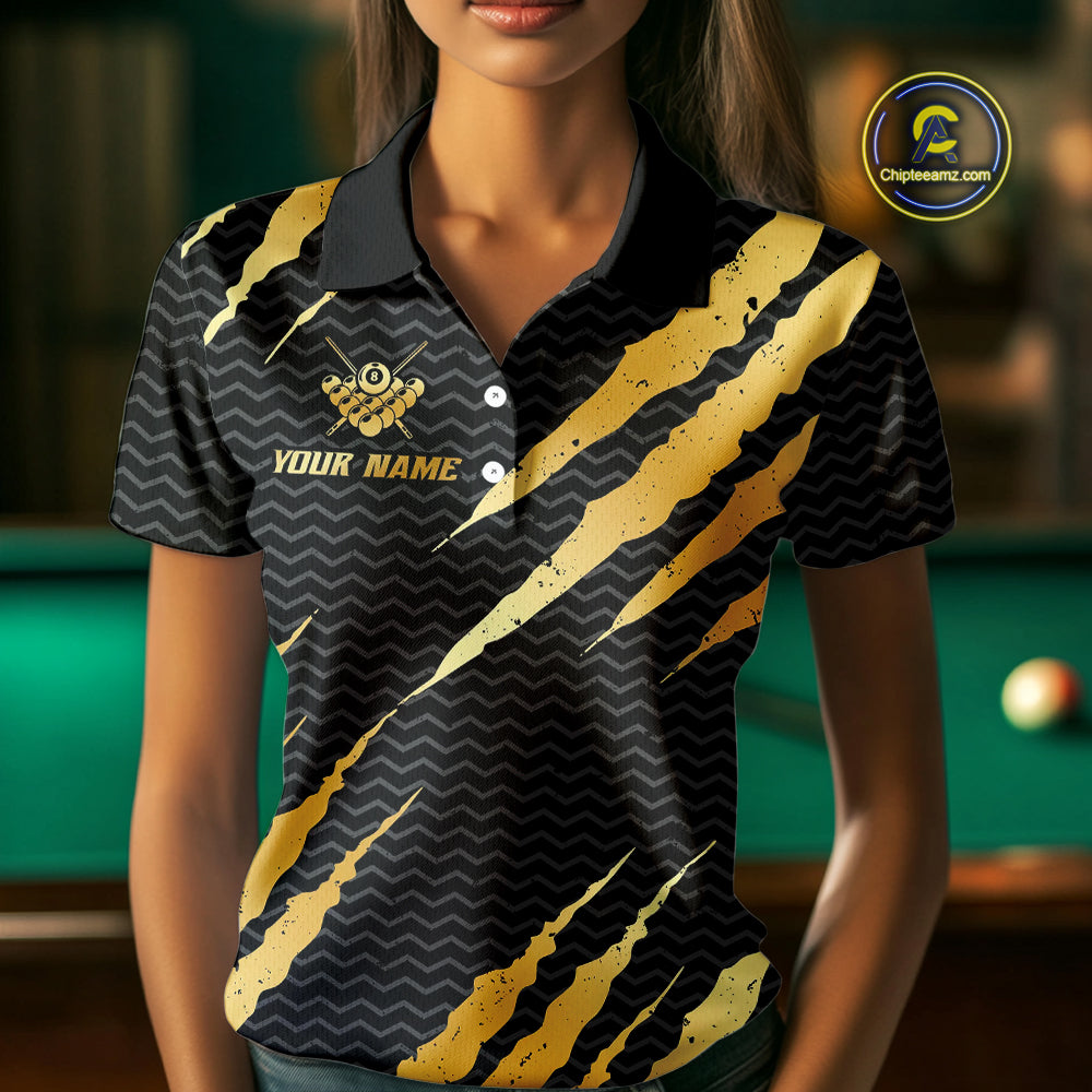 Black And Gold Scratch Billiard Shirts For Women Custom 8 Ball Crown Pool Team Jersey Polo & 1/4 Zip TDM4095