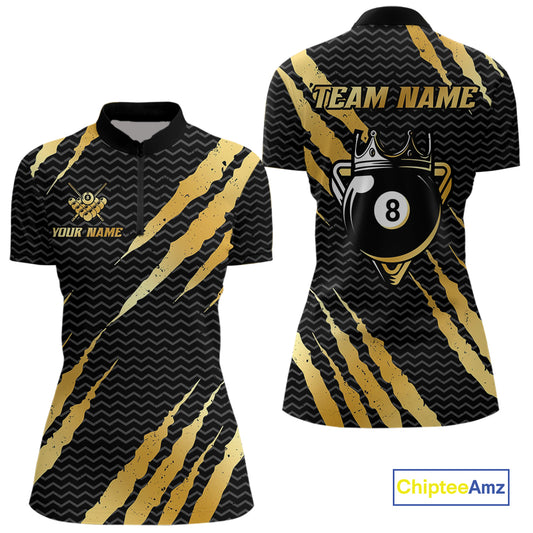 Black And Gold Scratch Billiard Shirts For Women Custom 8 Ball Crown Pool Team Jersey Polo & 1/4 Zip TDM4095