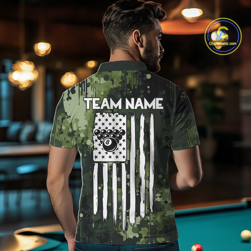 Back view of man wearing a green camo pool team shirt in a billiards hall.