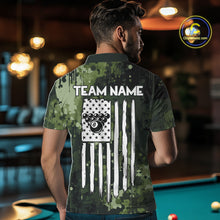 Load image into Gallery viewer, Back view of man wearing a green camo pool team shirt in a billiards hall.