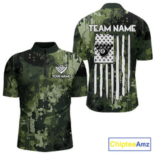 Load image into Gallery viewer, Men’s green camo American flag quarter zip billiard shirt with patriotic team artwork.