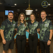 Load image into Gallery viewer, Pool team wearing matching green camo billiard jerseys together during league play front view.