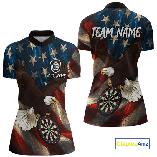 Personalized American Flag Eagle Womens Darts Shirt Custom Patriotic Jersey Darts Polo & 1/4 Zip TDM5126