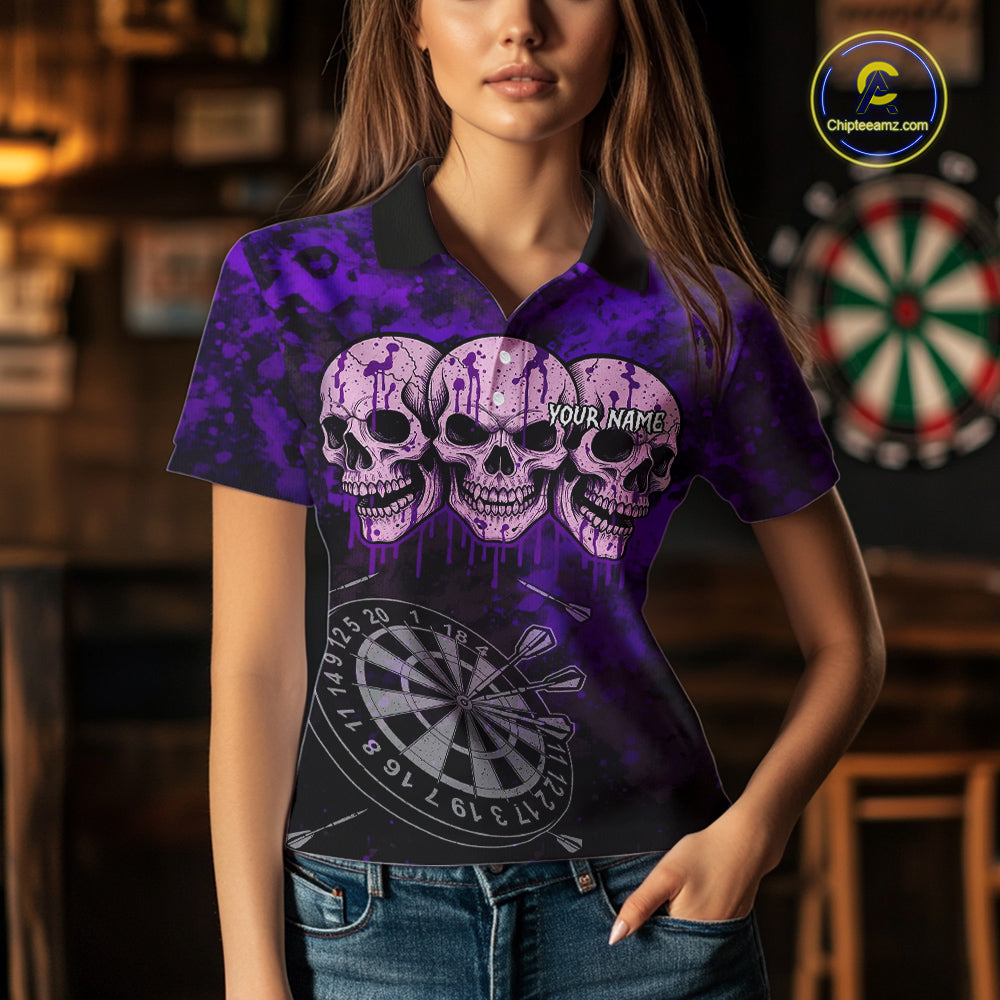 Black And Purple Grunge Skull Womens Dart Shirts Custom Dart Jerseys Team Polo & Quarter Zip TDM5128