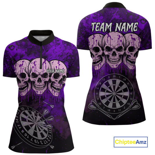 Black And Purple Grunge Skull Womens Dart Shirts Custom Dart Jerseys Team Polo & Quarter Zip TDM5128