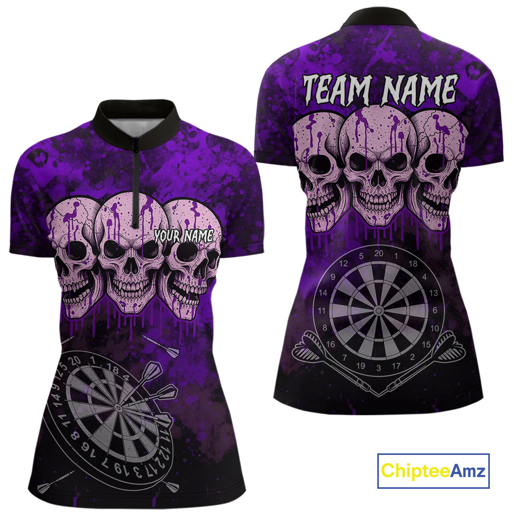 Black And Purple Grunge Skull Womens Dart Shirts Custom Dart Jerseys Team Polo & Quarter Zip TDM5128