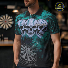 Load image into Gallery viewer, Black And Turquoise Grunge Skull Mens Dart Shirts Custom Dart Jerseys Team Polo &amp; Quarter Zip TDM5129