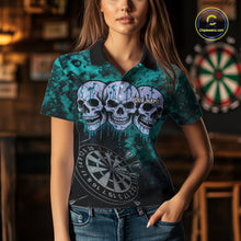 Load image into Gallery viewer, Black And Turquoise Grunge Skull Womens Dart Shirts Custom Dart Jerseys Team Polo &amp; Quarter Zip TDM5129