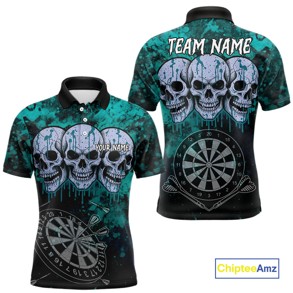 Black And Turquoise Grunge Skull Mens Dart Shirts Custom Dart Jerseys Team Polo & Quarter Zip TDM5129