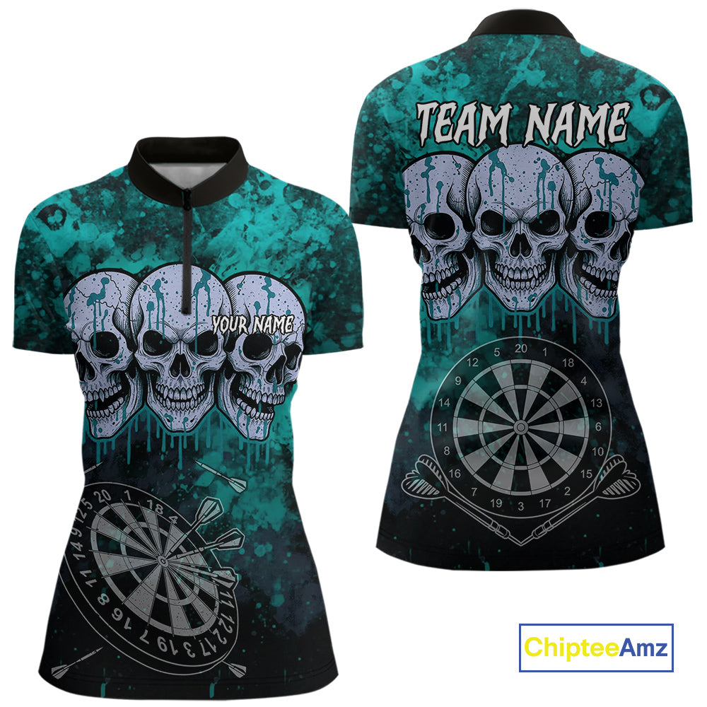Black And Turquoise Grunge Skull Womens Dart Shirts Custom Dart Jerseys Team Polo & Quarter Zip TDM5129