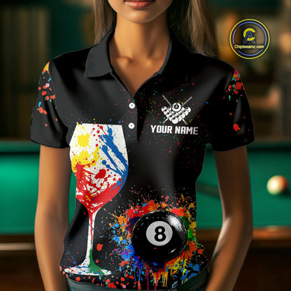 Personalized Colorful Splash 8 Ball Billiard Shirts For Women, Funny Wine Glass Custom Pool Jerseys TDM4100