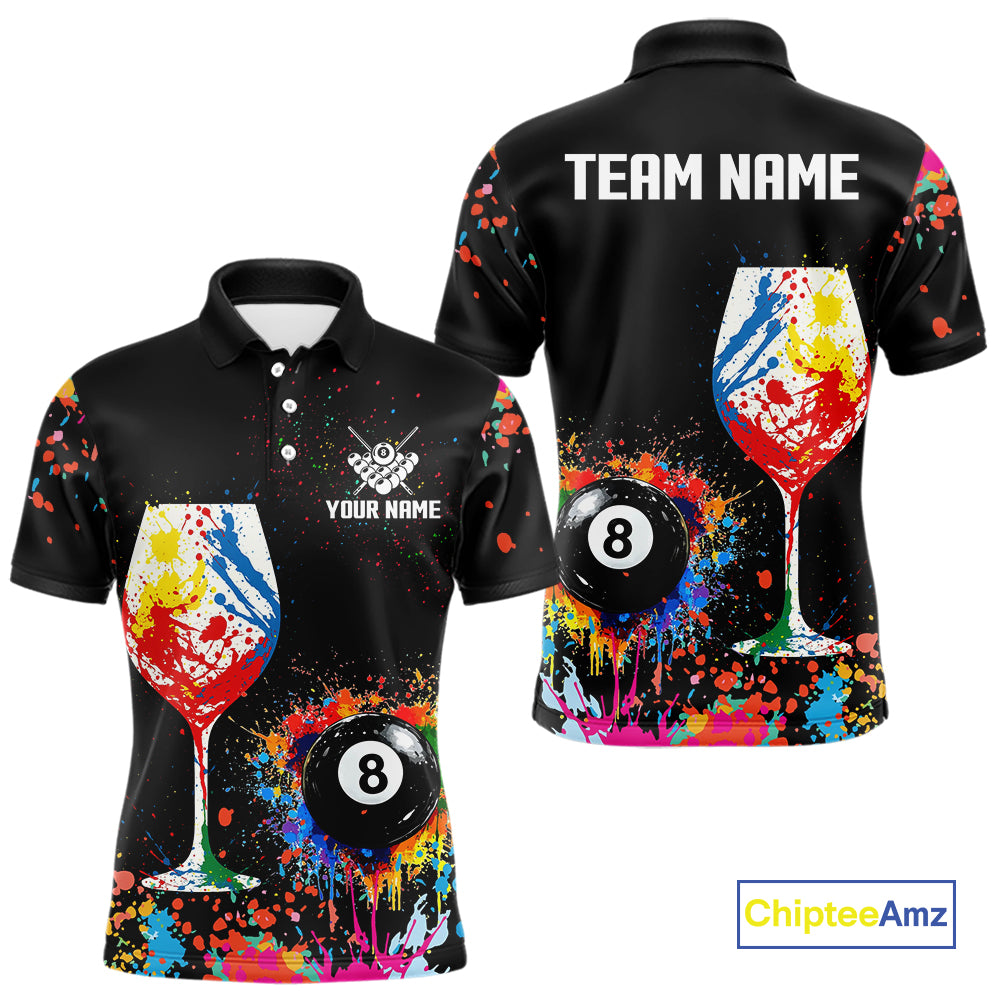 Personalized Colorful Splash 8 Ball Billiard Shirts For Men, Funny Wine Glass Custom Pool Jerseys TDM4100