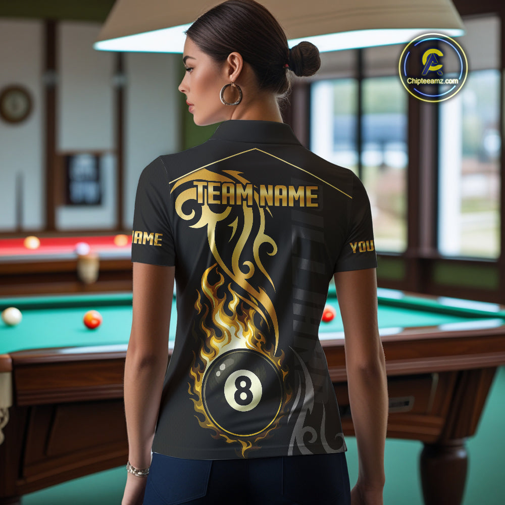 Black And Gold Tribal Flame 8 Ball Pool Billiards Shirts For Women Custom Pool Team Jerseys TDM4102