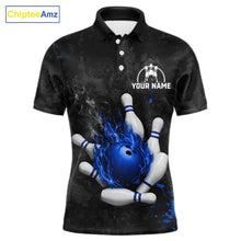 Load image into Gallery viewer, Black and blue grunge fire bowling polo shirt for men, custom bowling team jersey uniform.