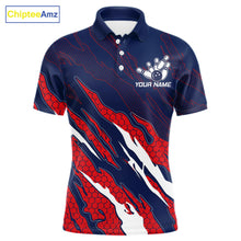 Load image into Gallery viewer, Blue and red US flag bowling team polo shirt for men with patriotic design.