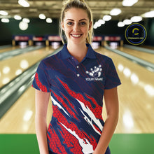 Load image into Gallery viewer, Woman wearing blue and red US flag bowling polo shirt front view.