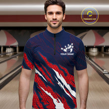 Load image into Gallery viewer, Man wearing blue and red US flag bowling quarter zip shirt front view.