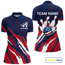 Load image into Gallery viewer, Blue and red US flag bowling quarter zip shirt for women, custom bowling league jersey.
